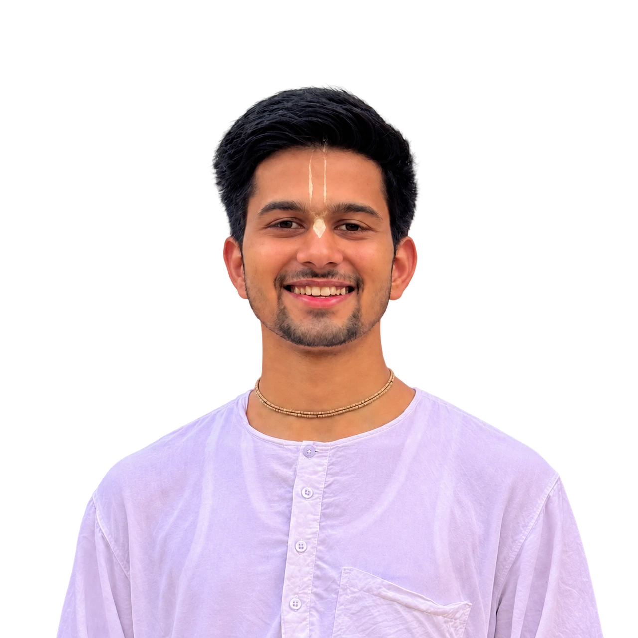 Arveen Poonia smiling, with his shoulders and lilac kurta visible.