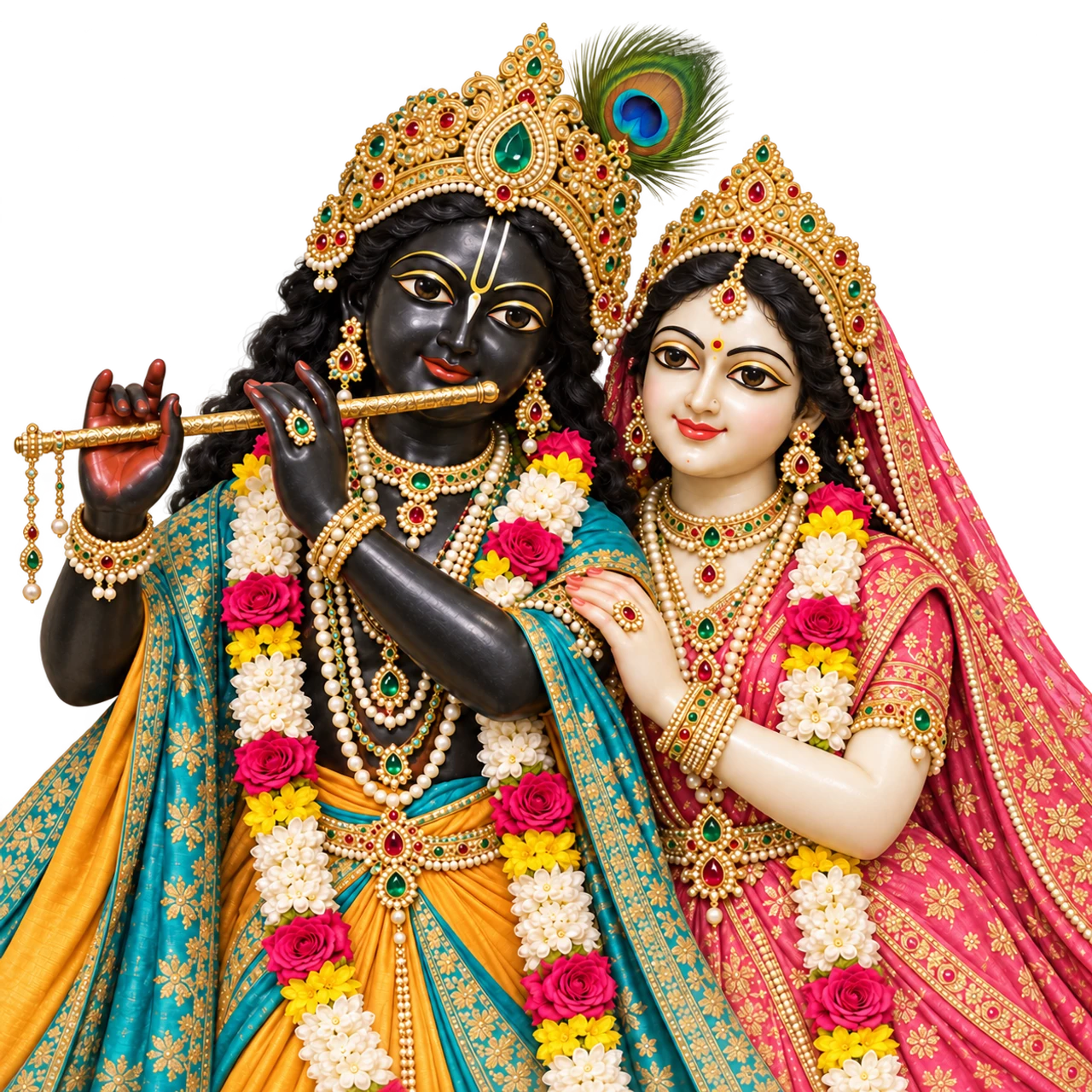 Radha Rani in her rose-pink veil beside Lord Krishna holding his golden flute, both wearing jeweled crowns and flower garlands.
